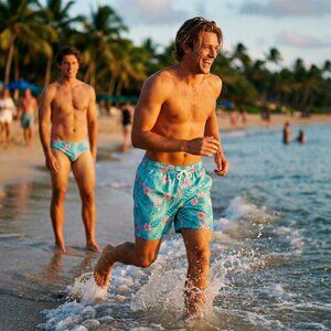 Surplus Swim Trunks Men Medium Blue Pink Flamingo Floral 10” Inseam Tropical Y2K